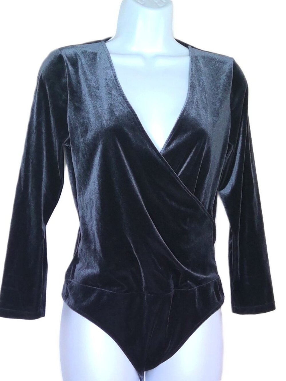 Banana Republic Bodysuit French Blue Gray Faux Wrap 3/4 Sleeve Stretch Velvet S